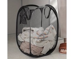 Opvouwbare wasmand zwart - pop up wasmand - wasmand voor op reis - wasmand met hengsels - was sorteren met extra opbergvak - waszak opvouwbaar voor onderweg - vakantie wasmand met handvatten — cadeau in Cadeau-ideeën