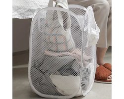 Opvouwbare wasmand wit - pop up wasmand - wasmand voor op reis - wasmand met hengsels - was sorteren met extra opbergvak - waszak opvouwbaar voor onderweg - vakantie wasmand met handvatten — cadeau in Cadeau-ideeën