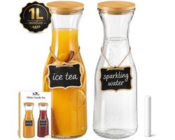 Boncy® Glazen Karaf - Set van 2 - Waterkan met Bamboe Deksel - Waterkaraf 1 Liter - Schenkkan van Glas - karaffen Water Kan Carafe — cadeau in Koken & Dineren
