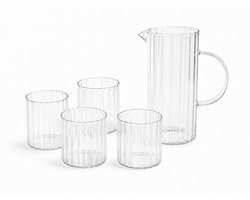 MPLCo - 5-Delige - Karaf Set - Waterkaraf zonder Deksel met 4 Glazen - Geribbeld Glas - Hittebestendig - Luxe Schenkset voor Water, Sap, IJsthee & Limonade - Borosilicaat Glas - 1.2 Liters - Transparant — cadeau in Koken & Dineren
