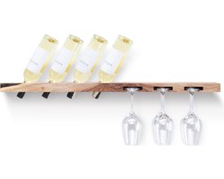 Tu Las™ Massief houten wijnflessen houder inclusief wijnglazen en champagneglazen houder - 94 x 22 x 4 cm - Zwevende wijnflessen houder - Muur bevestiging - Walnoot hout — cadeau in Wonen & Interieur