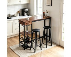 Hoge bartafel 100×40×90 cm, rechthoekig bruin eettafel, metaal‑hout, stoffen lade, houder voor wijnflessen & plank voor wijnglazen, voor keuken woonkamer eetkamer — cadeau in Cadeau-ideeën
