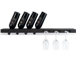 Tu Las™ Massief houten wijnflessen houder inclusief wijnglazen en champagneglazen houder - 94 x 22 x 4 cm - Zwevende wijnflessen houder - Muur bevestiging - Essen hout — cadeau in Wonen & Interieur