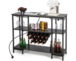 COSTWAY Wijnrek met glazen houder en planken, 3 niveaus, flessenrek met stopcontacten, voor 15 wijnflessen, industriële en vrijstaande wijnkast voor thuis, keuken, bar, 113 x 35 x 85 cm (grijs) — cadeau in Cadeau-ideeën