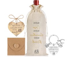 Wijn Fles Houder - Sleutelhanger Cadeau - Nieuw Huis Welkom - Houten Hart Label - 34.5 x 14.5 cm - Multicolor — cadeau in Cadeau-ideeën