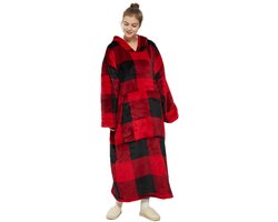Q-Living Hoodie Deken - Extra Lang & Dik - Plaid Met Mouwen - Snuggle Hoodie - Fleece Deken Met Mouwen - Rood Zwart Extra Lang — cadeau in Wonen & Interieur