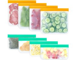 8 Herbruikbare Siliconen Diepvrieszakken - 4 Stuks 26×20 Cm + 4 Stuks 21,5×12 Cm - Lekvrij en Luchtverdicht voor Diepvries, Koelkast of Picknick - Geschikt voor Voedselopslag Thuis, op Werk of Onderweg - Mat en Semi-transparant — cadeau in Cadeau-ideeën
