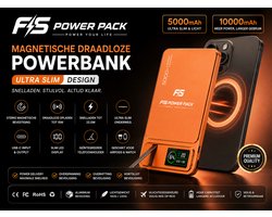 Ultra Slank Aluminium Magnetische Draadloze Powerbank 5000mAh / 10000mAh –Snellader-Fast Charging, Led Display, Portable, Ultra Slim 22.5W Snelladen – 15W MagSafe Draadloos – FS Power Pack Aluminium–Telefoonstandaard–LED Display–Oranje iPhone Samsung — cadeau in Elektronica