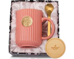 Zus Cadeau, Cadeaus voor Zus Verjaardagscadeau, 400 ml Roze Zus Beker 3D Medaille Verticale Strepen Keramische Koffiebeker met Onderzetter Hout, Lepel, Geschenkdoos — cadeau in Cadeau-ideeën