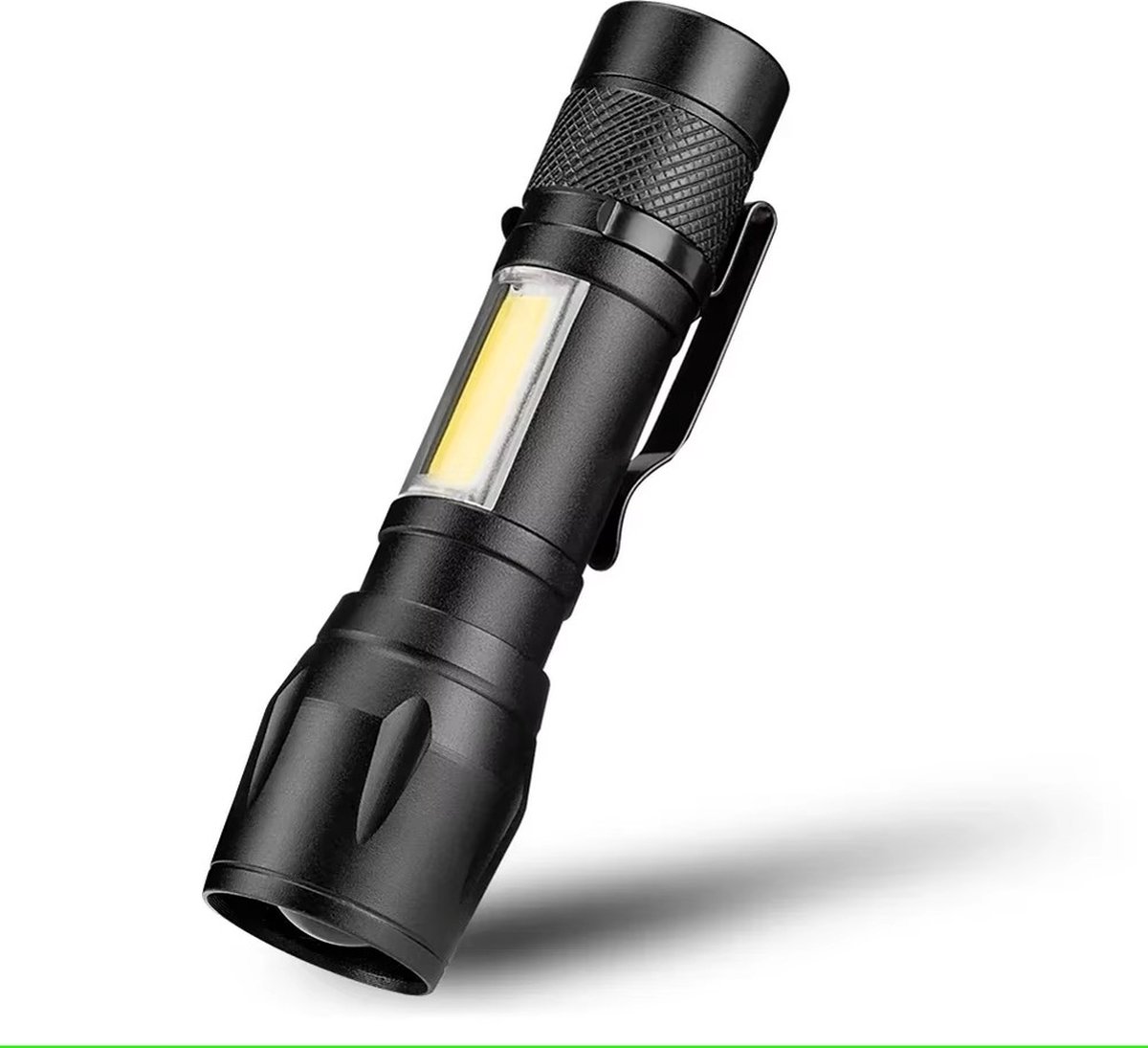Krachtige Oplaadbare LED-Zaklamp met COB-Zijverlichting – Mini LED Zaklamp met Hook up - Lichtgewicht, Klein en Compact met Uitschuifbare Zoomfunctie – Inclusief groene Beschermcase – Perfect voor Reizen en Noodsituaties – Kleur: Zwart