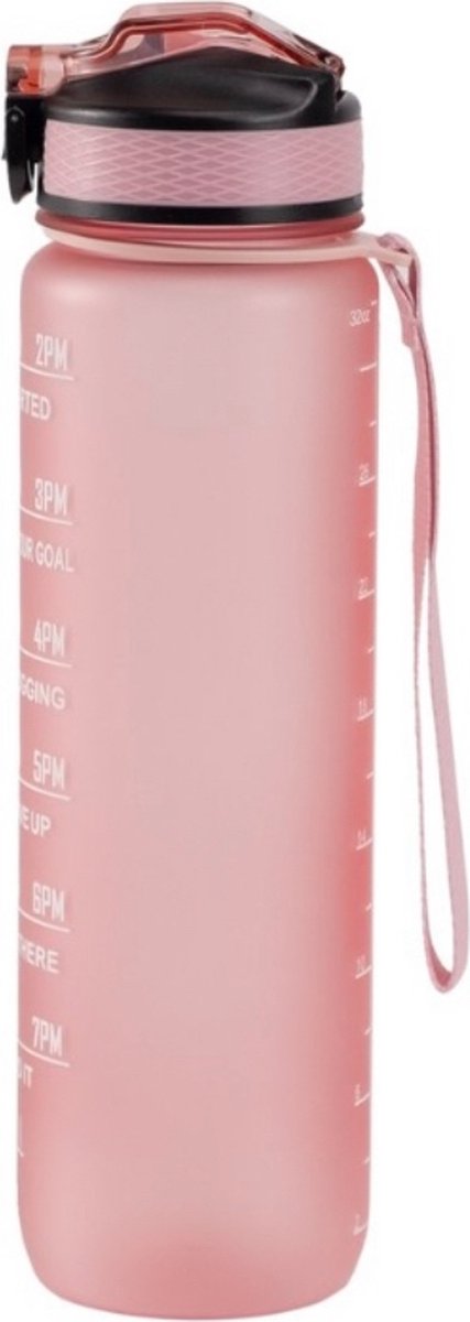 Motivatie Waterfles Rosé - 1 Liter Drinkfles - Waterfles met Rietje - Waterfles met tijdmarkering - BPA Vrij - Volwassenen - Drinkfles Kinderen