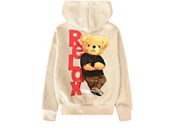 Kinder vest met beer - Jongens & Meisjes - Hoodie – Maat 122/128 – Crème - 65% Katoen - Capuchon - Bear - beren - Sweatvest - Relax - Chill - Offwhite — cadeau in Mode & Accessoires