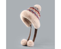 Muts - Dikke wollen gebreide damesmuts - Dames wintermuts - Wintermuts met pompons - Warme wollen voering - Aviatormuts met oorkleppen - Kerstcadeau - Verjaardagscadeau (khaki) — cadeau in Mode & Accessoires