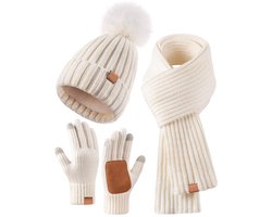 Winterset dames-Winterpet dames-Set van muts, sjaal en handschoenen voor dames - Wintermuts zonder rand voor dames - Met wol gevoerd met pompons voor warmte - Touchscreen handschoenen voor dames - 3-in-1 set voor koud weer- wit — cadeau in Mode & Accessoires