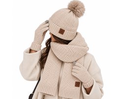 BRD® Winterset met Wol Beige - Muts met Pompon Sjaal Handschoenen - Unisex — cadeau in Mode & Accessoires