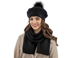 Vivisence Dames Winter Baret En Sjaal Set - Wolmix Met Wol En Acryl Met Pompon Van Imitatiebont - Zacht Comfort Voor Koude Dagen Elegant Bij Alledaagse En Chique Outfits Afmetingen Sjaal 166 X 29 Cm - Zwart — cadeau in Mode & Accessoires