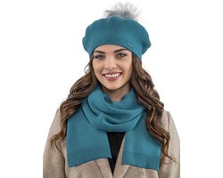 Vivisence Dames Winter Baret En Sjaal Set - Wolmix Met Wol En Acryl Met Pompon Van Imitatiebont - Zacht Comfort Voor Koude Dagen Elegant Bij Alledaagse En Chique Outfits Afmetingen Sjaal 166 X 29 Cm - Turkoois — cadeau in Mode & Accessoires