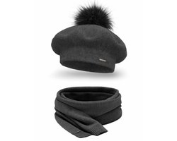 Vivisence Dames Winter Baret En Sjaal Set - Wolmix Met Wol En Acryl Met Pompon Van Imitatiebont - Zacht Comfort Voor Koude Dagen Elegant Bij Alledaagse En Chique Outfits Afmetingen Sjaal 166 X 29 cm - Donkergrijs — cadeau in Mode & Accessoires
