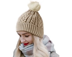 CALIYO Beanie Muts - Wintermuts Dames - Warme Mutsen met Imitatiebont Pompon - Gebreide Skimutsen - Gevoerd Wol - Beige — cadeau in Mode & Accessoires