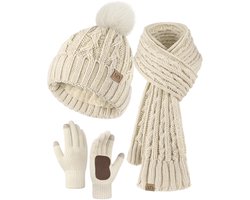 Dames Winter Set 3-in-1 Muts Lange Sjaal En Touchscreen Handschoenen Met Pompon Warm En Zacht Accessoires Voor Koud Weer Wit Cadeau Idee — cadeau in Mode & Accessoires