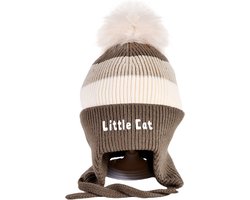 Decopatent LITTLE CAT - Muts Kind - Kinder muts met pompon - 6 Maanden t/m 6 jaar - Maat 48/52 - Kindermutsen Jongens & Meisjes - Gebreide Muts met Binnenvoering - Muts Baby / Peuter / Kleuter - Wintermuts - Kleur Donker Bruin met gekleurde Strepen — cadeau in Mode & Accessoires