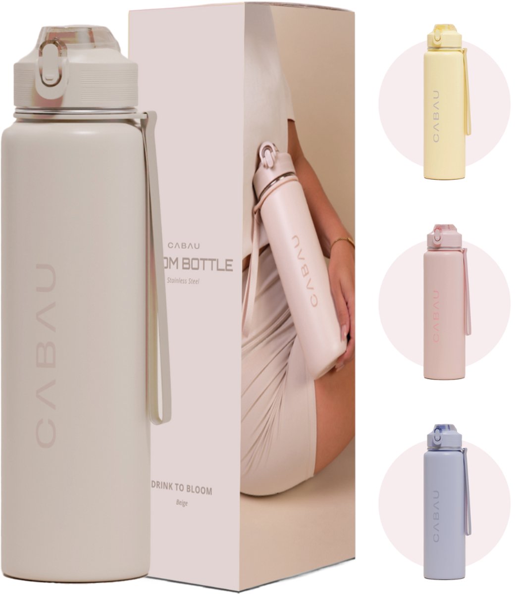 Bloom RVS Waterfles 870ml Beige - Geïsoleerde BPA-vrije & Lekvrije Thermosfles - Duurzame Herbruikbare Drinkfles met Schoonmaakborstel & Draagkoord - BPA vrij Sportfles Dames - Waterfles Volwassenen - Cadeau voor Haar