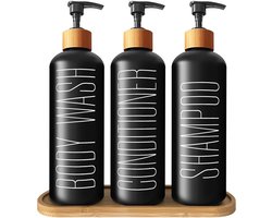 glazen shampoo en conditioner dispenserset met bamboe pompen en lade - 3 navulbare flessen voor de douche, vooraf geëtiketteerd voor body wash, shampoo, conditioner - 500ml/16.9oz elk — cadeau in Wonen & Interieur