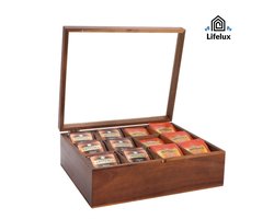 LifeLux Luxe Acaciahouten Theebox – 12 Vakken | Duurzame Houten Theedoos met Transparante Bovenkant | Stijlvolle Opbergdoos voor Theezakjes — cadeau in Wonen & Interieur