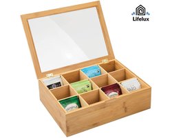 LifeLux Luxe Bamboe Theebox 12 vakken – Stijlvolle Thee Opbergdoos met Doorzichtige Bovenkant | Organizer voor Theezakjes & Accessoires — cadeau in Wonen & Interieur