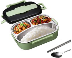 1 liter thermische lunchbox met 3 aparte vakken van roestvast staal – Lekvrije geïsoleerde voedselcontainer inclusief bestek en bestekhouder, draagbaar voor kinderen en volwassenen — cadeau in Koken & Dineren