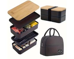Lunchbox Set met Tas – 2 Laags Lunchbox (1200 ml) met Bamboe Deksel & Bestek – Inclusief Geïsoleerde Draagtas – Zwart — cadeau in Koken & Dineren