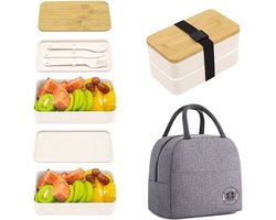 Lunchbox Set met Tas – 2 Laags Lunchbox (1200 ml) met Bamboe Deksel & Bestek – Inclusief Geïsoleerde Draagtas – Wit met Grijze Tas — cadeau in Koken & Dineren