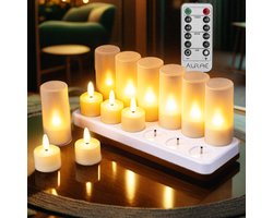 Aurae Oplaadbare Waxinelichtjes 12x - Theelichtjes Oplaadbaar - 60+ Branduren - Led Kaarsen met Afstandsbediening - Flikkerende Vlam - met Lader - Kerst Kaarsen — cadeau in Wonen & Interieur