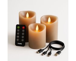 FlinQ Oplaadbare LED Kaarsen met Bewegende Vlam - Inclusief Afstandsbediening met Timer en Dimfunctie - Nep Kaarsen met Flikkerende Vlam - Dinerkaarsen Oplaadbaar - 3 stuks - Taupe — cadeau in Wonen & Interieur
