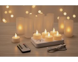 Oplaadbare waxinelichtjes 6X Smartstuff – Theelichtjes oplaadbaar - 6 flikkerende LED waxinelichtjes – met afstandsbediening – met oplaadstation – 75+ uur brandtijd – veilig & duurzaam – theelichtjes – nep kaarsen — cadeau in Wonen & Interieur