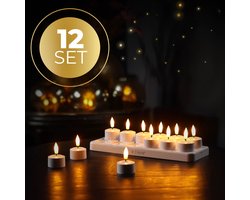 KENN® Originele Oplaadbare Waxinelichtjes – Set van 12 – Met Afstandsbediening & Timer – Inclusief Oplaadstation – Tot 120 Branduren – LED Waxinelichtjes – Oplaadbare Theelichtjes – Realistische Flikkerende Vlam – LED Kaarsen - Nep Kaarsen — cadeau in Wonen & Interieur