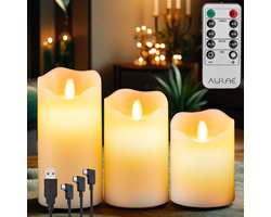 Aurae Oplaadbare Led Kaarsen met Bewegende Vlam - 3x - Echte Wax - 35+ Branduren - Afstandsbediening - Flikkerende Vlam - Oplaadbaar - Timer - Kerst Kaarsen — cadeau in Wonen & Interieur