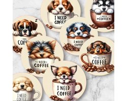 Onderzetters - I NEED COFFEE - 8 stuks - Puppies - Set van 8 - Onderzetters - Coasters - Houten onderzetters - Onderzetters voor glazen - Onderleggers voor glazen of Kopjes - Grappige teksten - Verjaardagscadeau - Fun Cadeau — cadeau in Wonen & Interieur