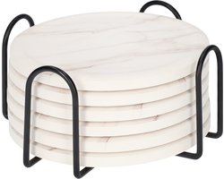 QUVIO Onderzetters - Set van 6 - Met houder - Voor glazen - Onderleggers - Marmerlook - Wit - Zwarte houder - Hout - Metaal - Diameter 10,5 cm — cadeau in Wonen & Interieur