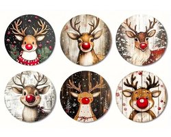 Set van 6 houten kerst onderzetters met rendieren "Rudolph the red nosed reindeer", sneeuw / kerstboom en kerstballen (kerstdecoratie, glas onderzetter, bierviltje, cadeau idee voor Kerstmis) — cadeau in Wonen & Interieur