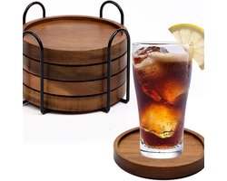 Set van 4 houten onderzetters voor glazen, onderzetters van acaciahout met houder, glazen onderzetters voor dranken, bar, kopjes, glas 10 cm — cadeau in Wonen & Interieur