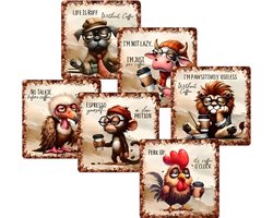Onderzetters Grappige Dieren met teksten - 6 stuks - Set van 6 - Onderzetters - Coasters - Houten onderzetters - Onderzetters voor glazen - Onderleggers voor glazen of Kopjes - Grappige teksten - Verjaardagscadeau - Moederdag - Vaderdag - Fun Cadeau — cadeau in Wonen & Interieur
