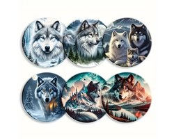 Onderzetters Wolven – Set van 6 – Ø10 cm – Hout (Triplex) – Rond – Decoratief — cadeau in Wonen & Interieur