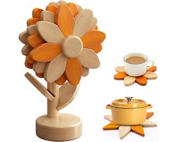 Daity 5-Delige set — Hittebestendige onderzetters — Houten onderzetterset in zonnebloemvorm — Hittepads van beukenhout — Geschikt voor hete potten, pannen, schalen en theepotten — deaal cadeau voor een housewarming of voor in de keuken — cadeau in Koken & Dineren