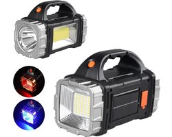 Multifunctionele LED zaklamp met Rood en Blauw Waarschuwingslicht- Perfect voor Outdoor, Kamperen, Wandelen - 1500mAh, 100m Bereik, Solar & USB Oplaadbaar-zwart/zilver — cadeau in Sport & Outdoor