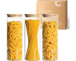 Voorraadpotten Glas met Deksel - Luchtdicht - Bambus deksel - Set van 3 Bewaar je voedsel, pasta en poeder op een stijlvolle en luchtdichte manier met deze glazen voorraadpotten. Met bamboe deksels en siliconen afdichtringen. — cadeau in Wonen & Interieur