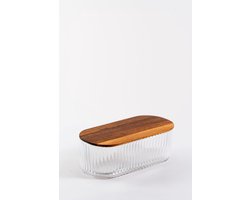 Mevaz – Geribbelde Glazen Botervloot met Deksel van Acaciahout – Voorraadpot - Stijlvolle Pot voor Koffie, Thee of Kruiden — cadeau in Wonen & Interieur