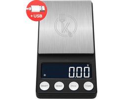 Kitchenwell digitale mini precisie keukenweegschaal - 0,01 tot 200 gram - 14.2 x 7.5 cm - pocket scale USB oplaadbaar - weegschaal keuken - zwart — cadeau in Kookcadeaus