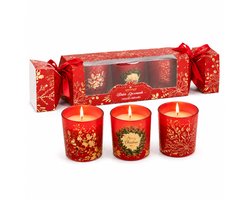 Set van 3 Kerst Geurkaarsen – Geurkaarsen in Rood Bedrukt Glas – Luxe Kerstcadeau – Kerstdecoratie – Sfeervolle Geurkaarsen voor Woonkamer – Cadeauset – Rood — cadeau in Wonen & Interieur