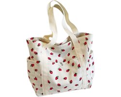 QTTVBTNA - 1 stuk Opvouwbare Schoudertas Aardbeien Print - Schouder Tas - Boodschappentassen - Cord Tassen voor Dames - Tas - Lichtgewicht & Ruime Opbergtas voor Werk,Strand en Boodschappen - Mode Accessoire voor Vrouwen en Meisjes - 39x33x9 cm - Wit — cadeau in Mode & Accessoires